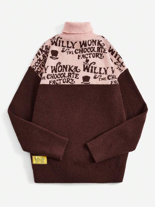 Willy Wonka and the Chocolate Factory X SHEIN レディース カラーブロック レターパターン ハイネック セーター
