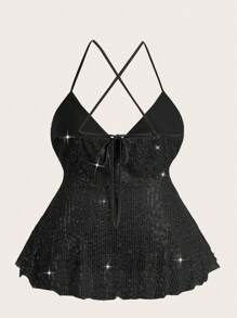 SHEIN ICON Plus Size Beaded Criss Cross Backless Camisole Top - Black - View 2