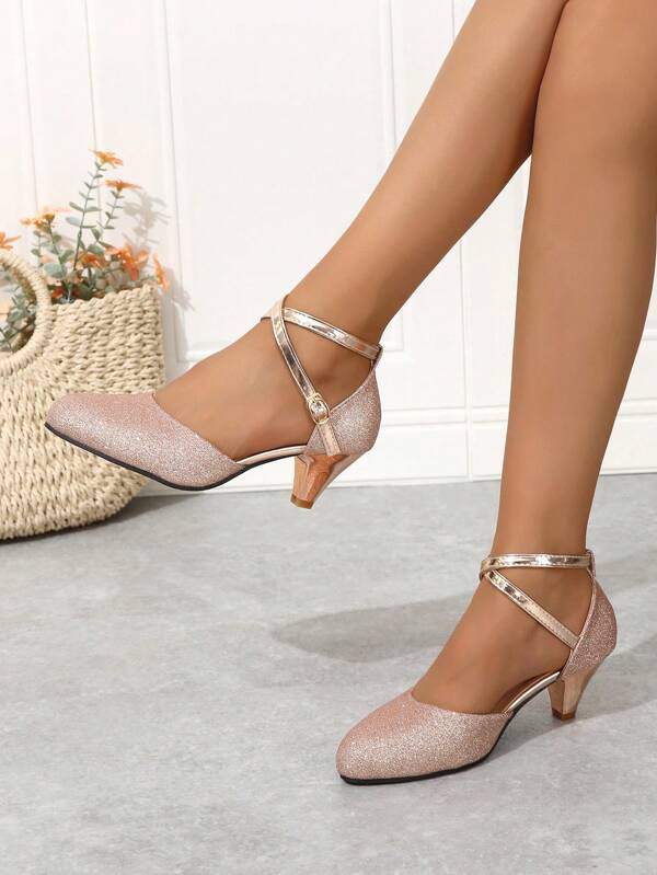 Fall/Winter Women's Champagne Heeled Shoes - Glitter Prom, Cross Ankle Strap, Elegant, Latin Dance Shoes,Elegant,Party
