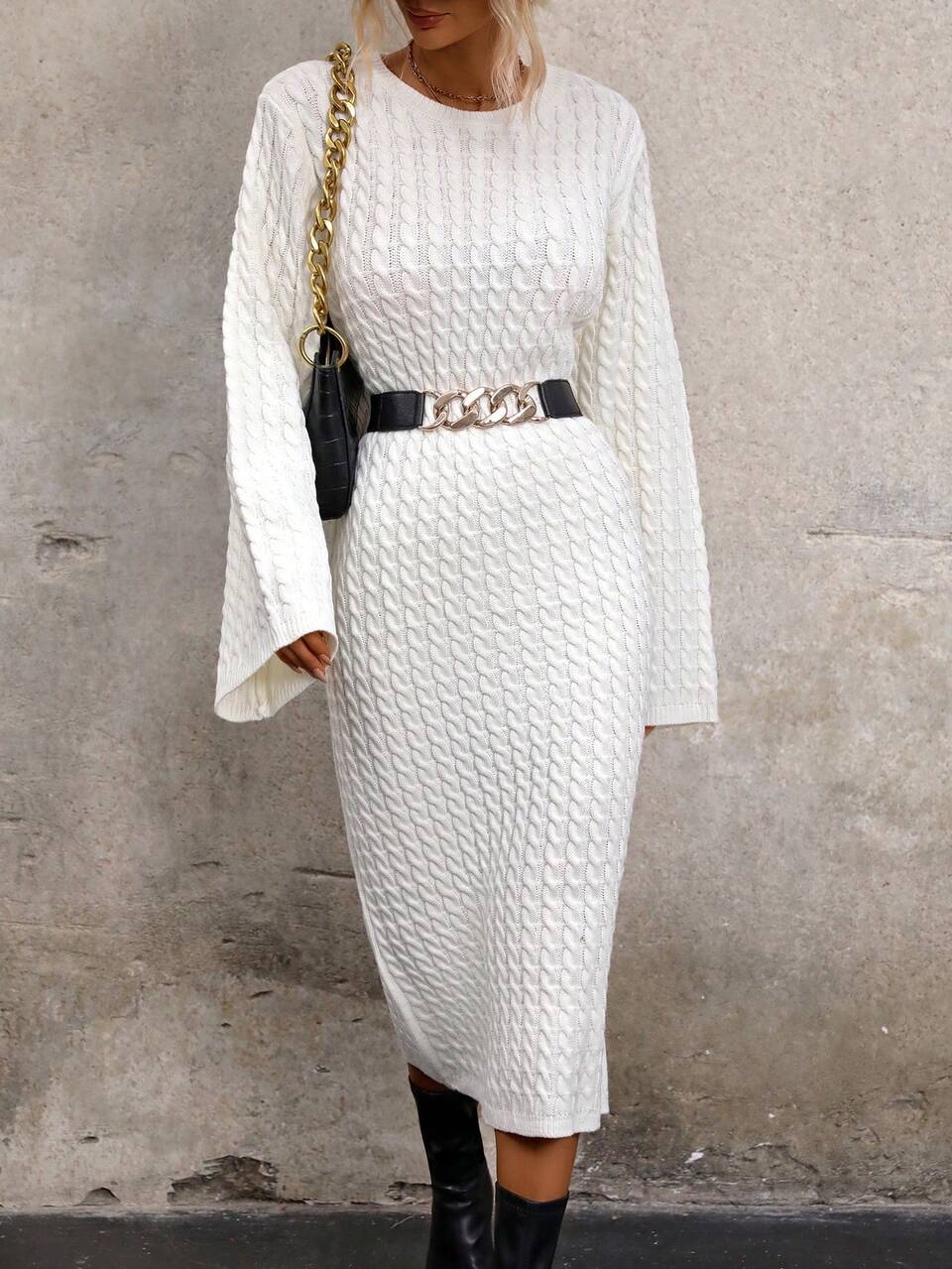 Women's Solid Color Bell Sleeve Sweater Dress Without Belt Fall Cloth For Women