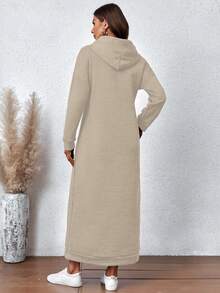 Casual Side Pockets Drawstring Hooded Long Sweatshirt Dress For Autumn/Winter - Khaki - View 2