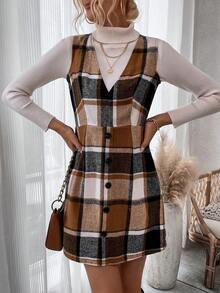 SHEIN LUNE Plaid Button Decorated Dress - Multicolor - View 5