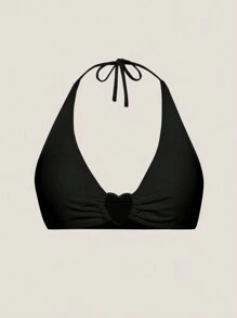 SHEIN Swim قمة بيكيني عنق المثلث المزود بإبزيم للنساء مزينة بالقلب - الأسود - مشاهدة 1