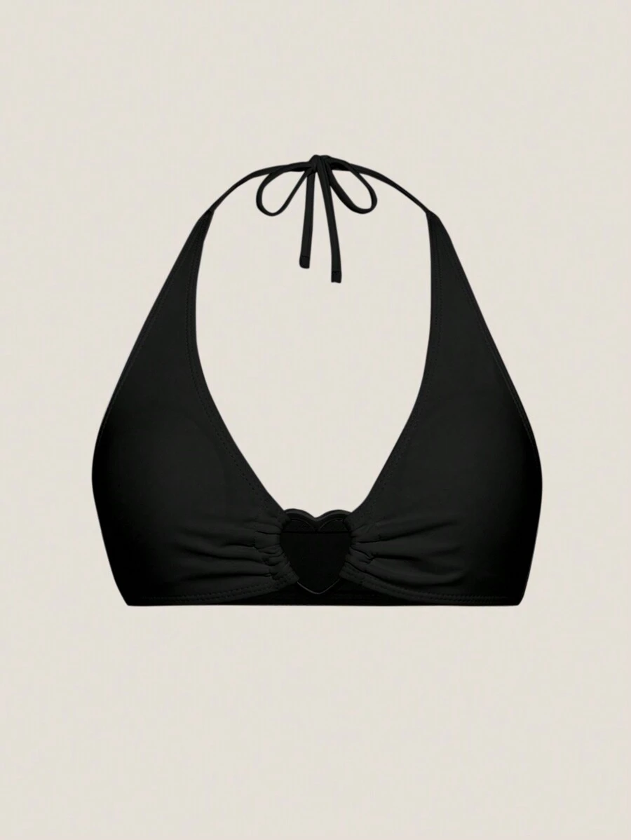 SHEIN Swim قمة بيكيني عنق المثلث المزود بإبزيم للنساء مزينة بالقلب - الأسود - مشاهدة 1