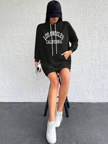 Cottnline 字母图案袋鼠口袋连帽卫衣连衣裙 - 黑色 - 查看 4