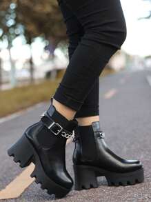 Black European And American Fashion Women's Chelsea Boots With Metallic Chain And Thick Heel - Black - View 1