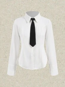 SHEIN EZwear قميص أمامي بأزرار مع ربطة عنق، ملابس علوية بأكمام طويلة