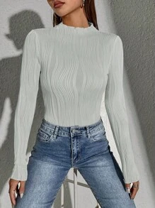 SHEIN Essnce Màu thuần Một nửa Áo cao cổ Tay áo dài Áo thun - Màu Xám nhạt - Xem 3