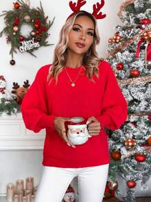 SHEIN LUNE Của phụ nữ Màu thuần tay cánh Áo len - Đỏ - Xem 4