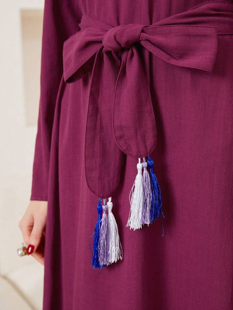 Solid Color Flared Sleeve Dress With Waist Belt