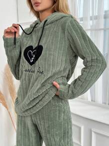 Women's Love & Letter Embroidery Drawstring Hooded Pajama Top - Green - View 3