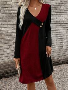 SHEIN LUNE Vestido Evasé Asimétrico Con Patchwork Bicolor - Burdeos - Ver 4