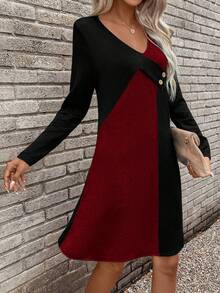 SHEIN LUNE Vestido Evasé Asimétrico Con Patchwork Bicolor - Burdeos - Ver 7