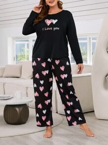 大尺碼柔軟布料心型印花睡衣套裝 - 黑色 - 查看 5
