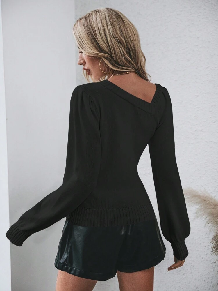 Women's Asymmetrical Neckline Lantern Sleeve Knit Pullover Fall Winter Sweater