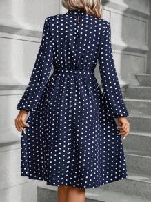 SHEIN Clasi 女士圓點印花燈籠袖連身裙 - 藏蓝色 - 查看 2
