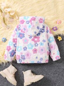SHEIN Little Girls' Cute Comfortable Warm Casual Hooded Jacket With Flower Decor, Autumn & Winter - Multicolor - View 2