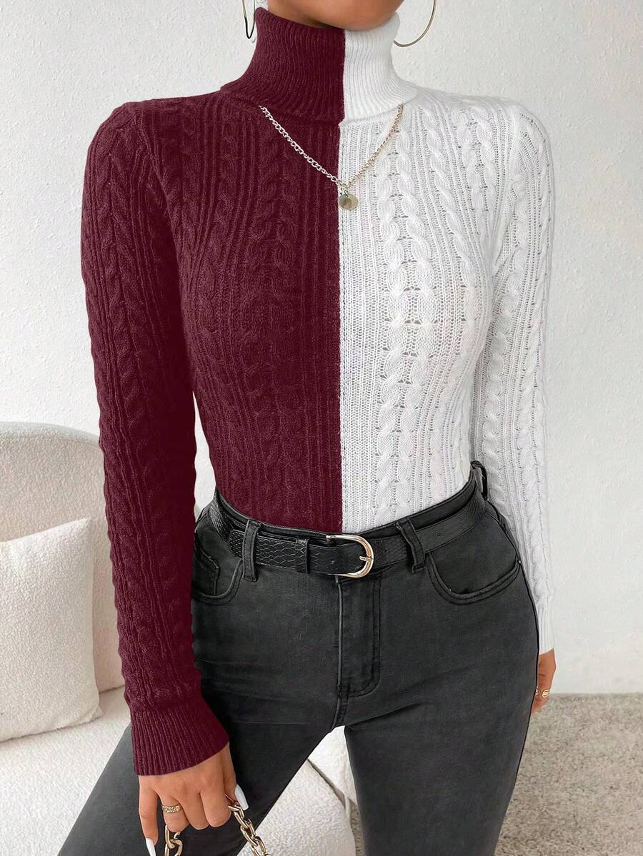 SHEIN Essnce Cable Knit Two-Tone Sweater - Burgundy - View 1