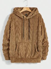 GENTILAND Men Kangaroo Pocket Drawstring Hooded Teddy Sweatshirt - Khaki - View 1