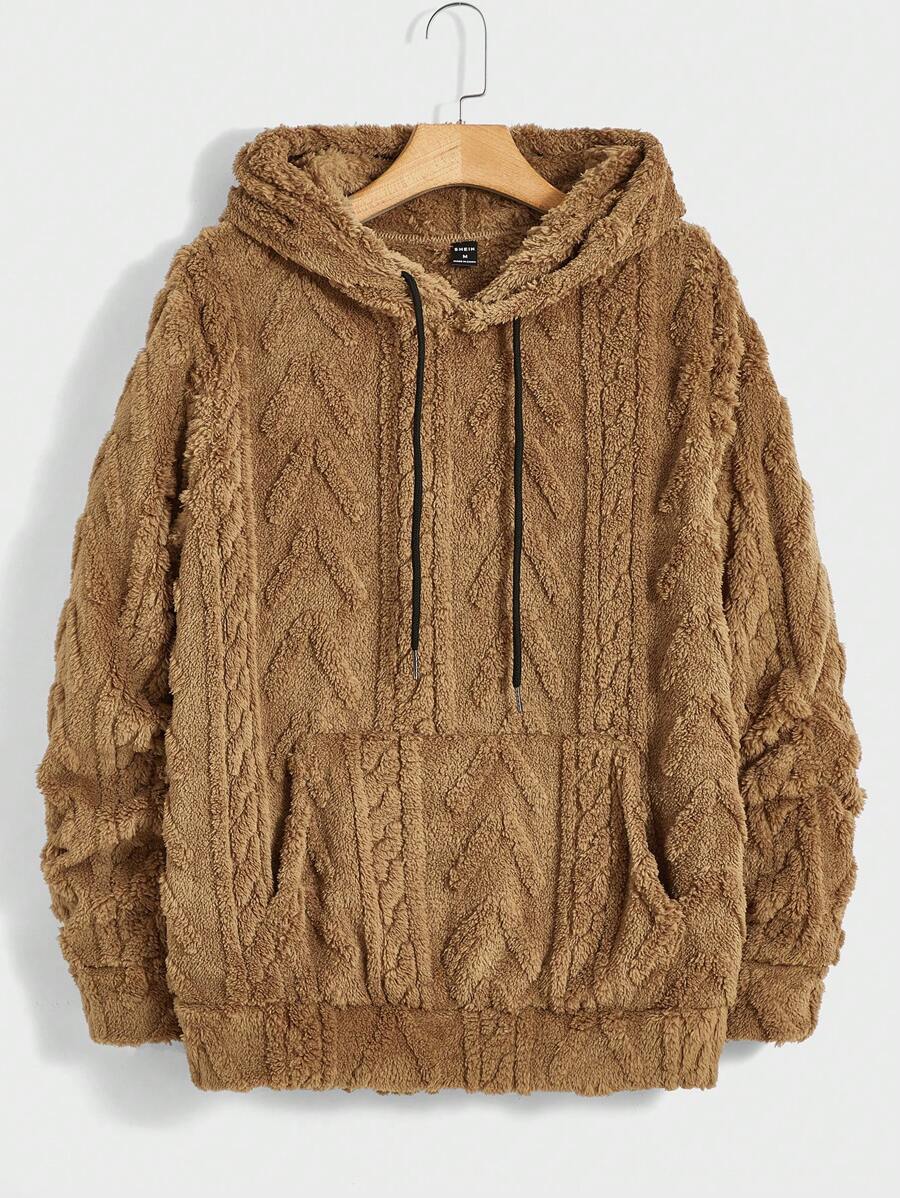 GENTILAND Men Kangaroo Pocket Drawstring Hooded Teddy Sweatshirt - Khaki - View 1