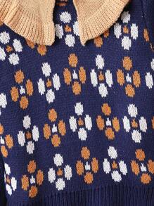 SHEIN 年轻女孩全印花彩色块彼得潘领毛衣 - 藏蓝色 - 查看 3