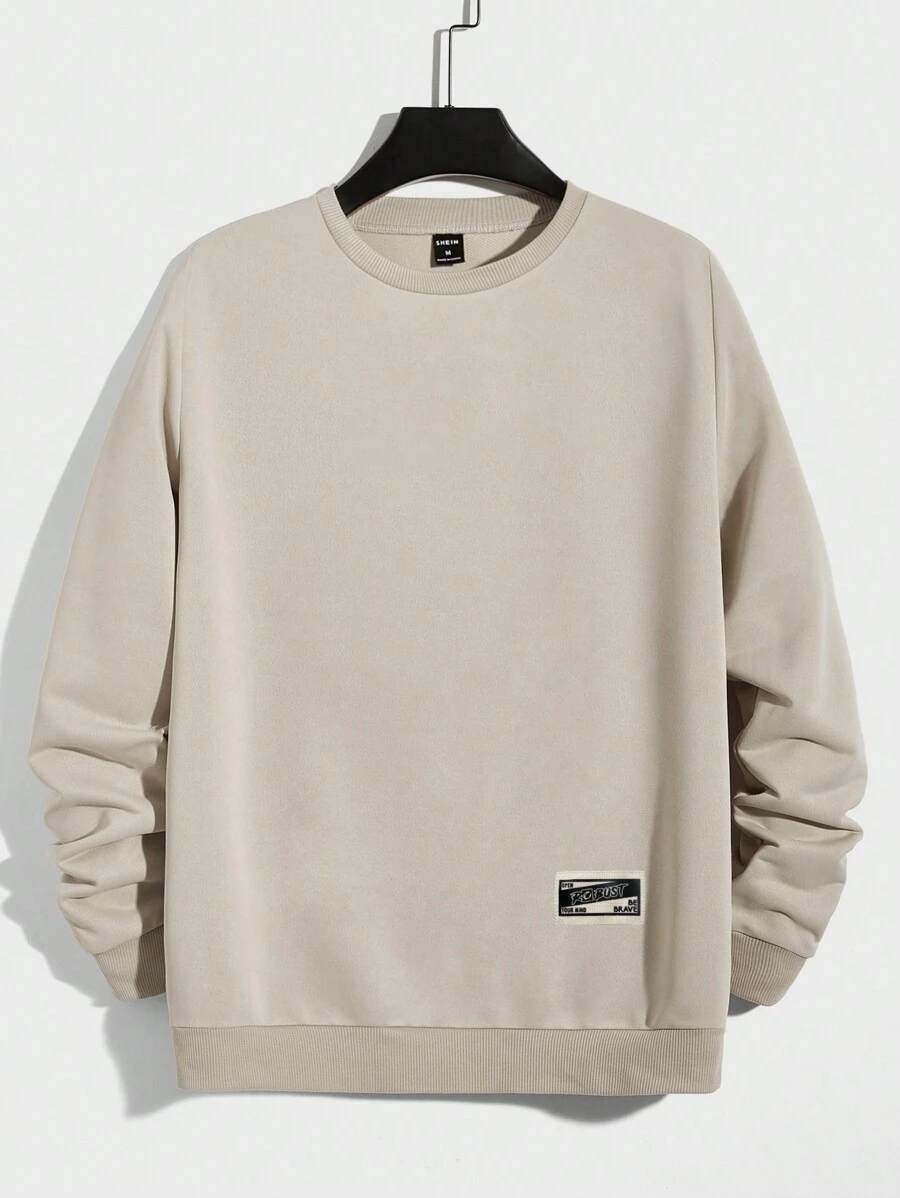 RueChic Men Letter Patched Detail Sweatshirt - Khaki - View 1