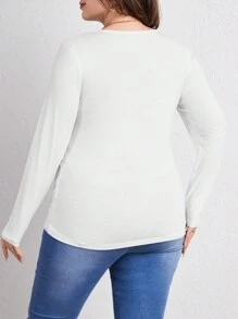 SHEIN LUNE 大尺碼豹紋拼接v領t恤 - 白色 - 查看 2