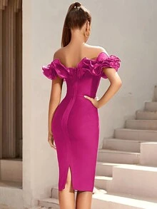 ADYCE Off Shoulder Backless Exaggerated Ruffle Trim Cocktail Party Bandage Bodycon Dress Elegant Prom Semi Formal Wedding Guest Dress, For Birthday, Graduation, Dinner, Homecoming - Hot Pink - View 2