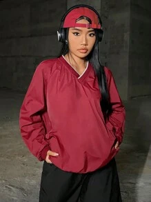 SHEIN EZwear Của phụ nữ Cổ chữ V Áo chui đầu Áo nỉ - Đỏ - Xem 4