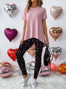 SHEIN LUNE Women's Plain T-shirt And Colorful Love Pattern Leggings 2pcs Set - Multicolor - View 4