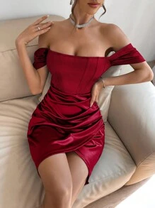 VaVaBold Red Sexy Satin Dress,Elegant Valentine's Day Dress,Summer Spring Women Party Dresses,Off Shoulder Ruched Tulip Hem Short Dress,Solid Color Sexy Wrap Dress,Dress For Wedding Guest,Prom Dress Formal Dress Cocktail Dress Beach Dress Daily Wear,Dating Outfits For Ladies,Birthday/Holiday Cloth - Red - View 5