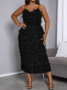 Maweii 大码流苏露背吊带连衣裙长款女装