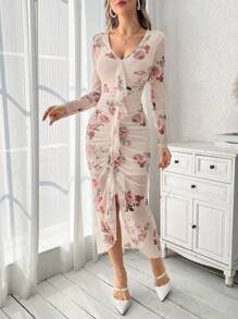 Firerie 女款花卉印花 V 領網布拼接荷葉邊下擺洋裝 - 彩色 - 查看 7