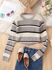 Teenage Girls' Striped Pullover Sweater - Grey - View 1