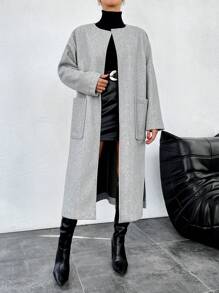 SHEIN Cottnline Women's Grey Round Neck Buttonless Coat - Grey - View 1