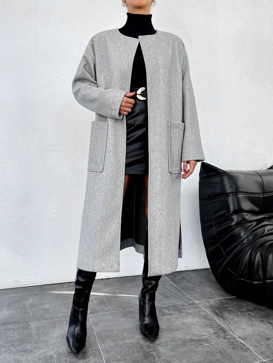 SHEIN Cottnline Women's Grey Round Neck Buttonless Coat - Grey - View 1
