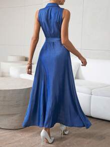 SHEIN Privé 女士腰帶無袖襯衫連衣裙 - 藏蓝色 - 查看 2