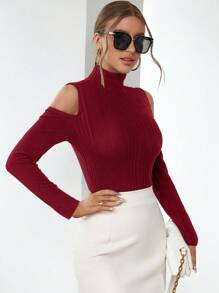 SHEIN Privé 實心高領t恤,露肩設計 - 酒紅色 - 查看 4