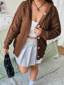 Flirla Của phụ nữ Kích thước lớn Thả vai Nút áo có mũ Dệt kim Áo len Mở - Màu nâu  Mocha - Xem 5