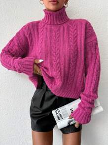 EURMUSE Turtleneck Cable Knit Drop Shoulder Sweater - Pink - View 1