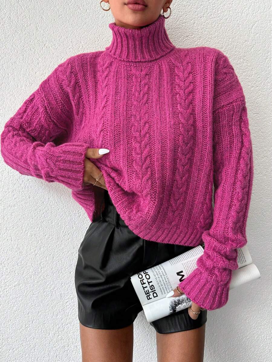 EURMUSE Turtleneck Cable Knit Drop Shoulder Sweater - Pink - View 1