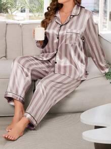 LuxeNights Women's Plus Size Striped Button Up Contrast Piping Top & Pants Pajama Set, Fall Winter Clothes - Pink - View 4
