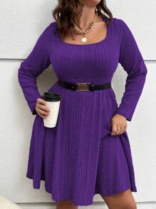 SHEIN Clasi Plus Size Women's Big Round Neck Ribbed Bodycon Dress - Purple - View 7