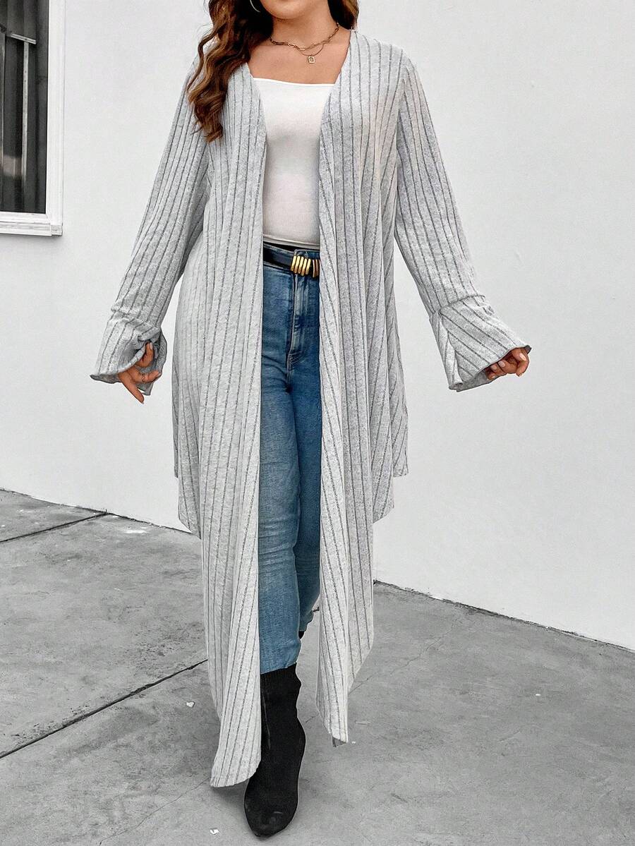 Celure Plus Flare Sleeve Asymmetrical Hem Coat - Grey - View 1