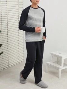 RueChic 男士條紋插肩袖長袖 T 恤和褲子家居服套裝 - 藏蓝色 - 查看 6