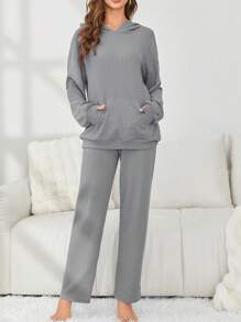 女用針織長袖連帽衫上衣長褲休閒運動服 - 灰色 - 查看 4