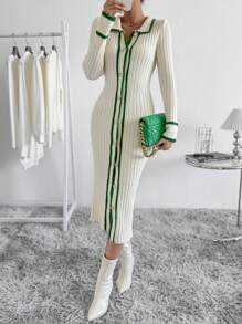 SHEIN Clasi Striped Trim Button Front Sweater Dress Fall Winter Cloth For Women - Multicolor - View 7