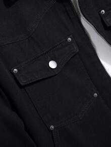 Manfinity Homme Men's Loose Fit Denim Jacket With Flip-Cuffs And Zippered Pockets - Black - View 7