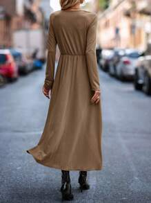SHEIN Clasi Women's Wrap Cross Long Sleeve Dress - Coffee Brown - View 2