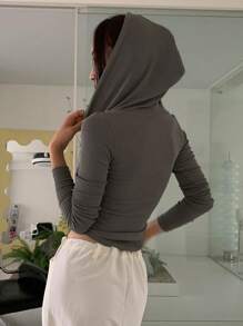 DAZY Ladies' Hooded Knitted Top With Partial Button Placket And Drawstring - Brown - View 2